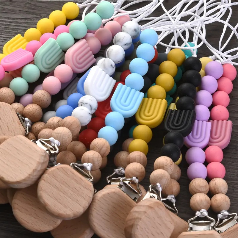 1Pcs Baby Rainbow Silicone Beaded Pacifier Chain Beech Wood Dummy Holder Clip For Baby Teether Soother Nipple Chain Care Toys