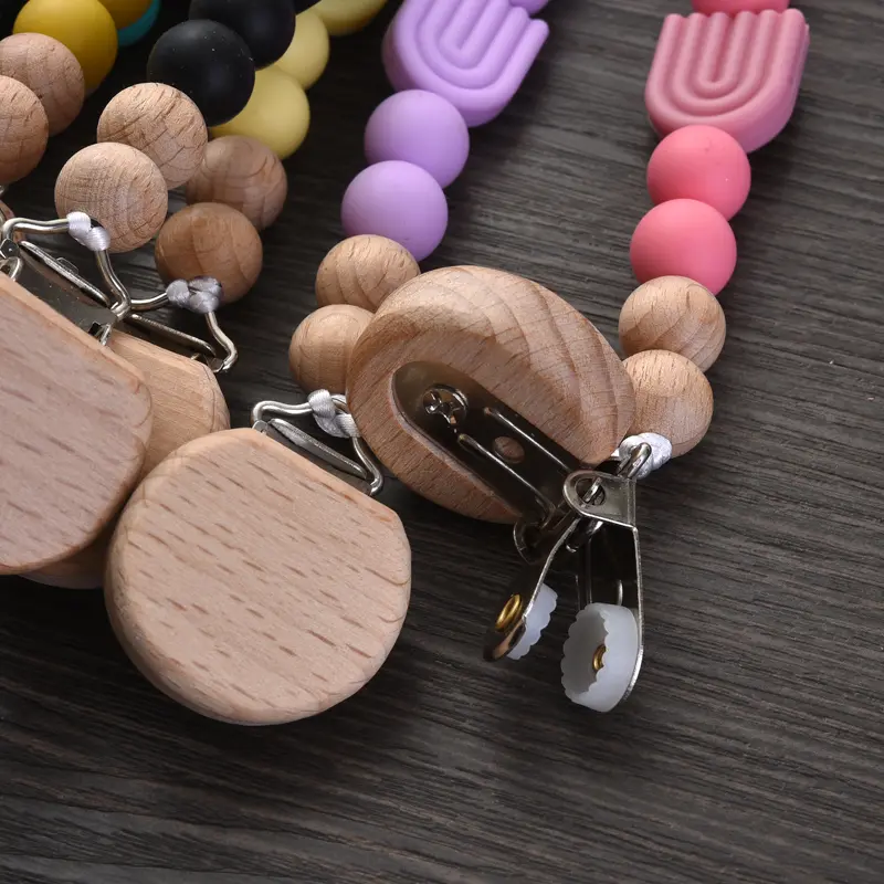 1Pcs Baby Rainbow Silicone Beaded Pacifier Chain Beech Wood Dummy Holder Clip For Baby Teether Soother Nipple Chain Care Toys