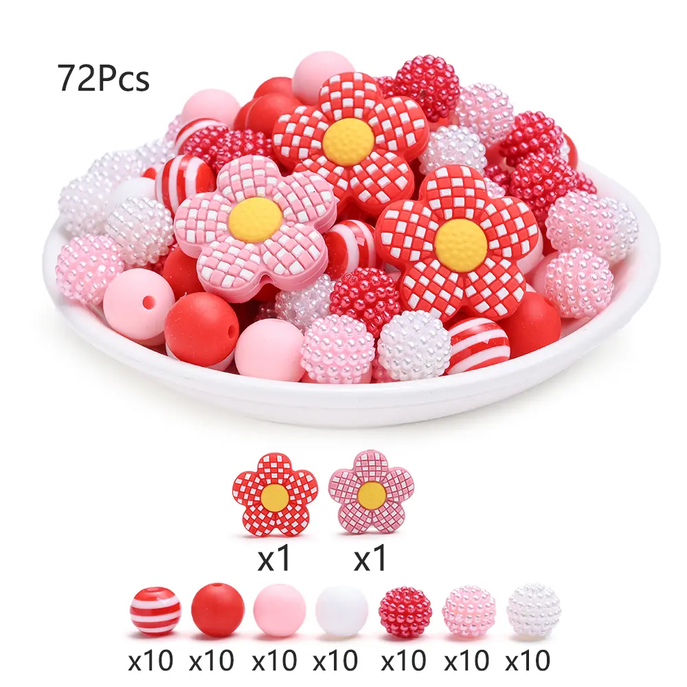 72Pcs Silicone Baby Teething Bead Set Pink White Flower Beads Food Grade for Newborn Diy Pacifier Chain Necklace Accessories