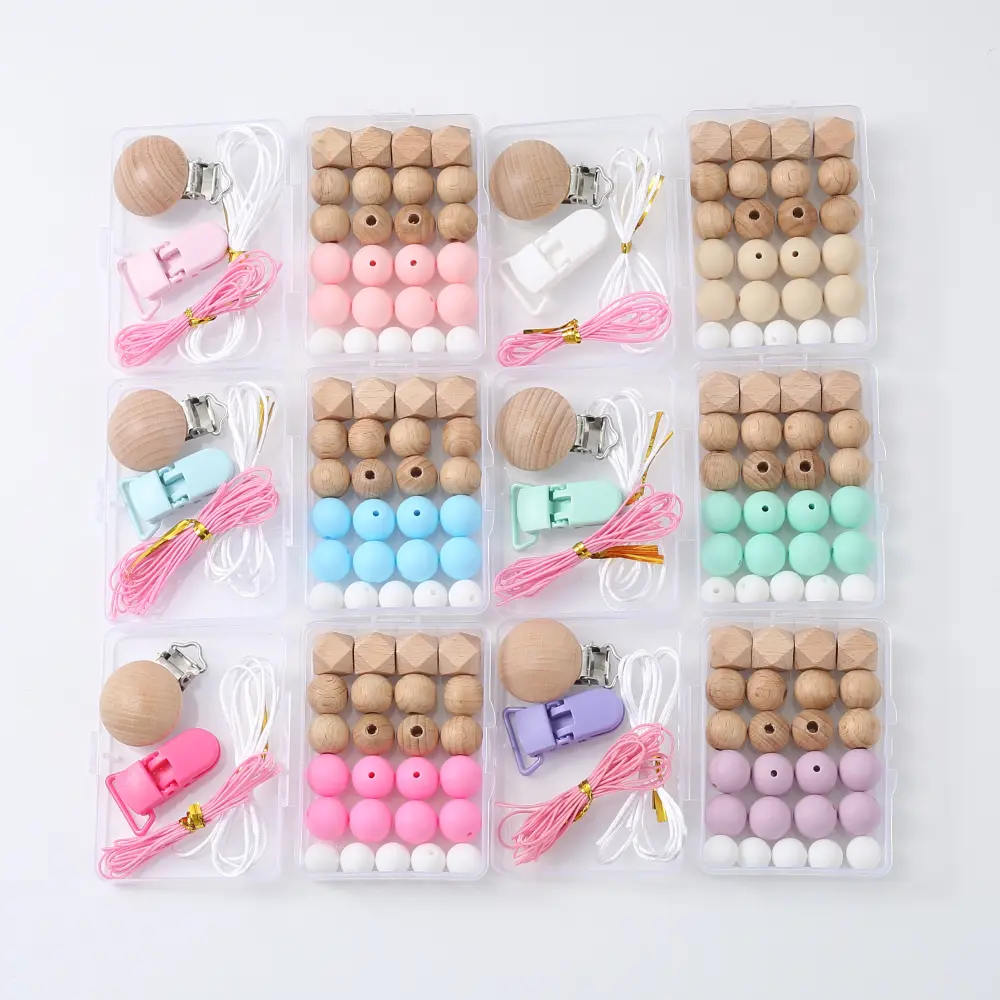 27Pcs/Set DIY Jewelry Combination Boxed Silicone Beads Baby Toy Teether Blending Wooden Round Beads Pacifier Chain Accessory