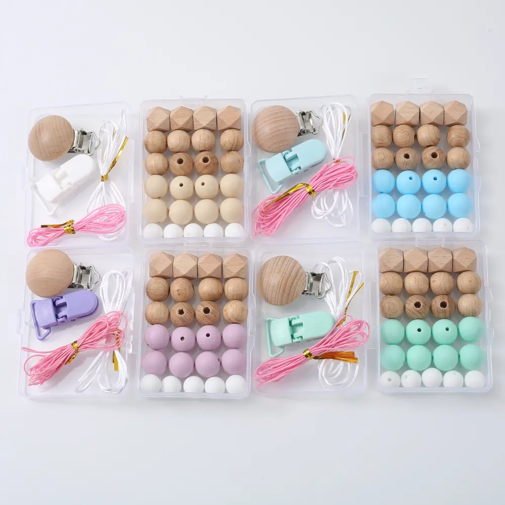 27Pcs/Set DIY Jewelry Combination Boxed Silicone Beads Baby Toy Teether Blending Wooden Round Beads Pacifier Chain Accessory