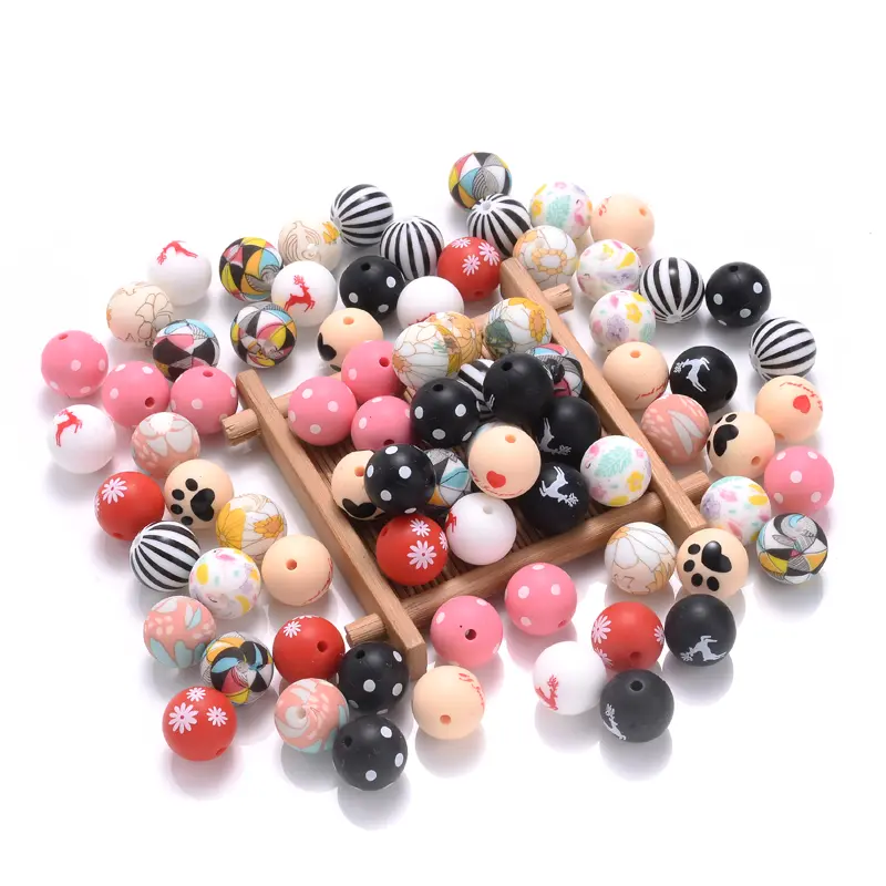 10Pcs 15mm Food Grade Silicone Round Beads Cartoon Teether Beads Infant Nursing Teething Toys DIY Baby Pacifier Chain Necklaces