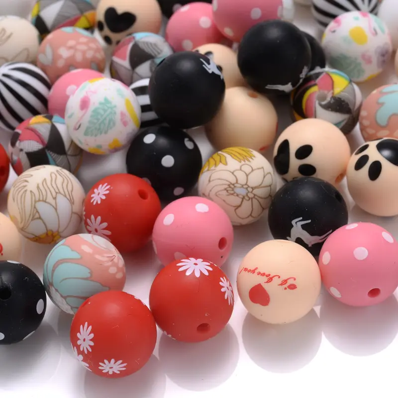 10Pcs 15mm Food Grade Silicone Round Beads Cartoon Teether Beads Infant Nursing Teething Toys DIY Baby Pacifier Chain Necklaces