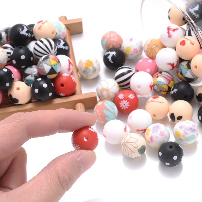 10Pcs 15mm Food Grade Silicone Round Beads Cartoon Teether Beads Infant Nursing Teething Toys DIY Baby Pacifier Chain Necklaces