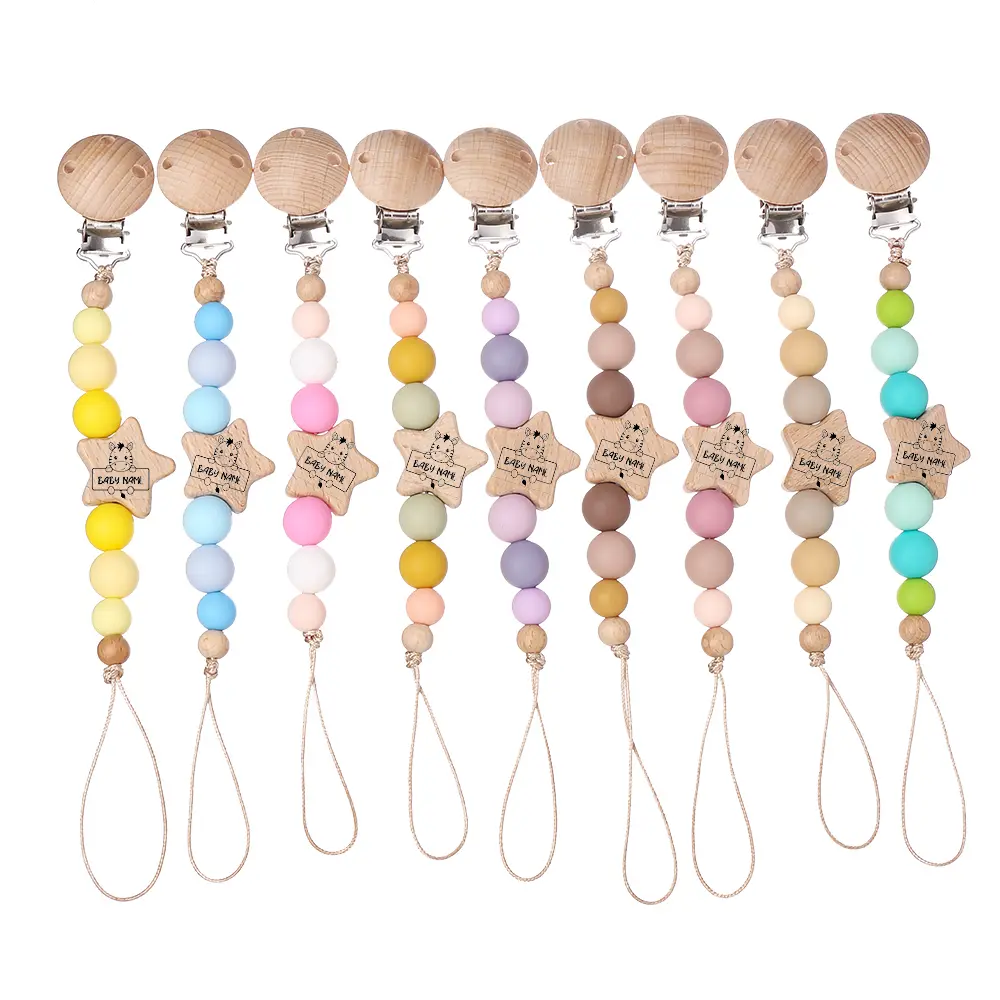 Custom Name Wooden Personalized Baby Pacifier Chain Silicone Beads Dummy Nipple Holder Guard Teether Pendant Newborn Gift Stuff