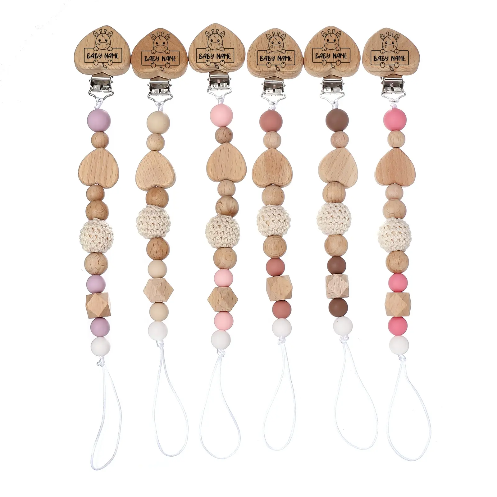 New Custom Personalized Name Pacifier Chain Handmade Beech Wooden Love Chain Holder Soother Baby Teething Toy Chew Gift