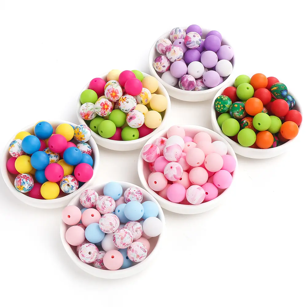 15mm 140Pcs Teether Silicone Beads Print Round Teething Beads For Baby Pacifier Chain Dummy Holder Clip DIY Necklace