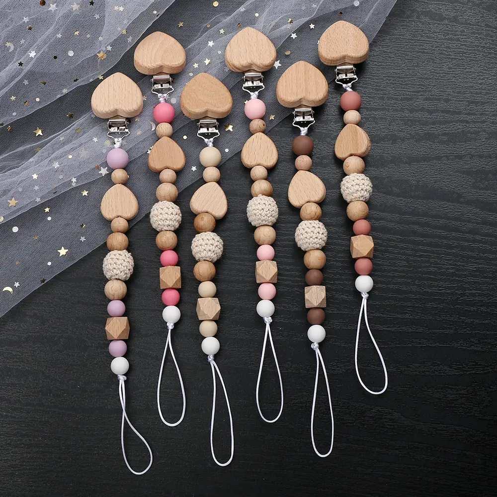 New Custom Personalized Name Pacifier Chain Handmade Beech Wooden Love Chain Holder Soother Baby Teething Toy Chew Gift