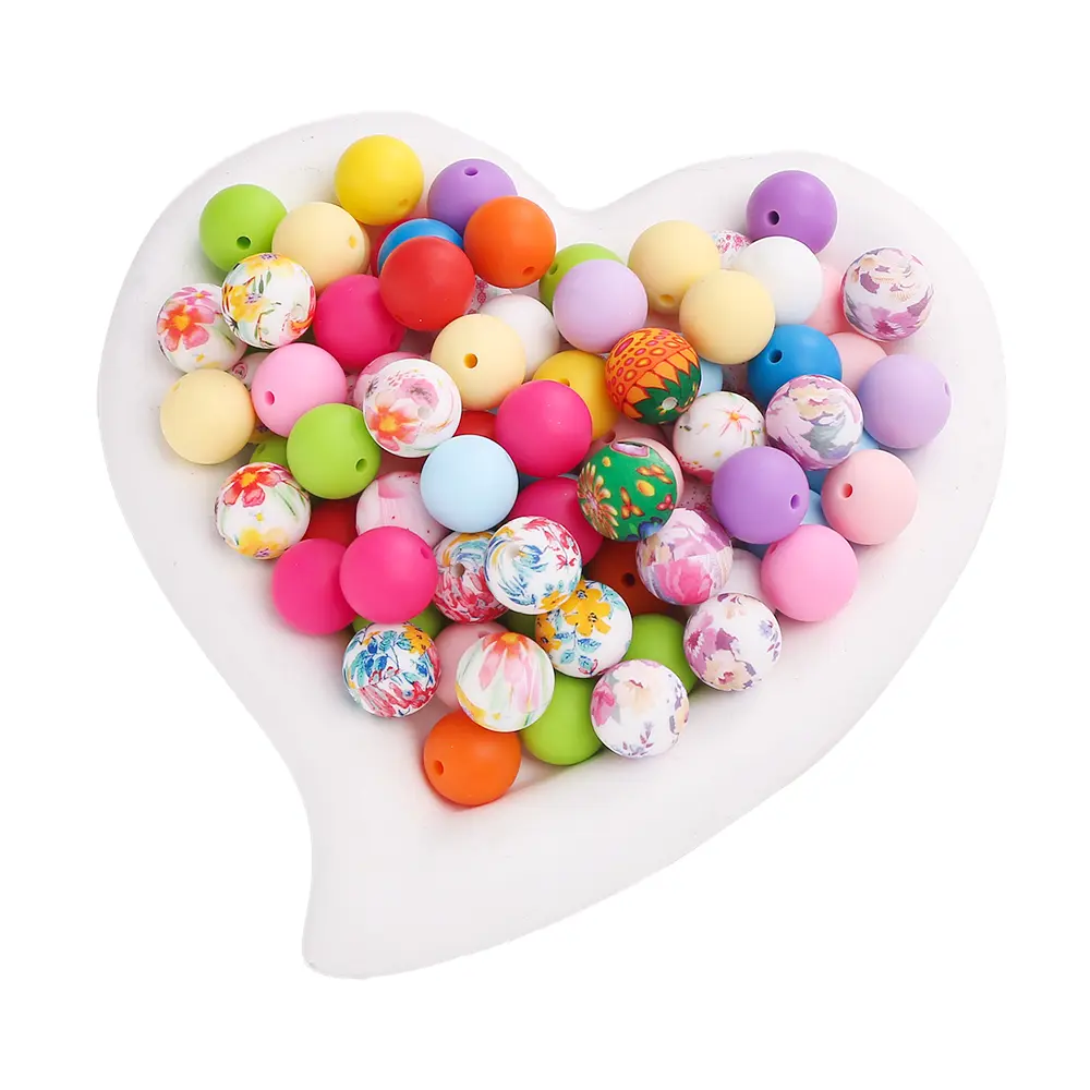 15mm 140Pcs Teether Silicone Beads Print Round Teething Beads For Baby Pacifier Chain Dummy Holder Clip DIY Necklace