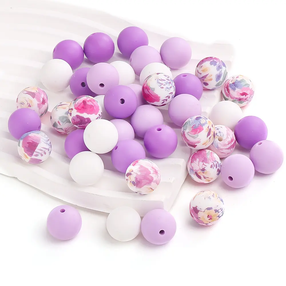 15mm 140Pcs Teether Silicone Beads Print Round Teething Beads For Baby Pacifier Chain Dummy Holder Clip DIY Necklace