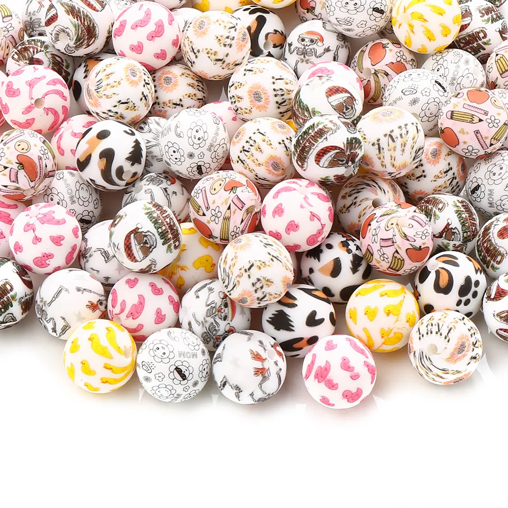 50Pcs Silicone Printed Beads Sunflower Print Design Beads Baby Teether ChewableTeething Bead for Handmade Pacifier Chain