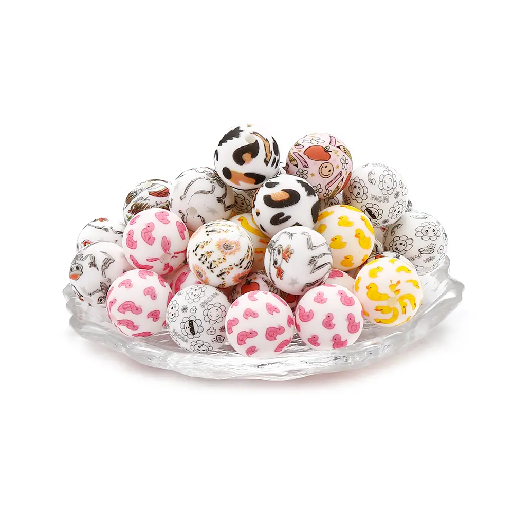 50Pcs Silicone Printed Beads Sunflower Print Design Beads Baby Teether ChewableTeething Bead for Handmade Pacifier Chain