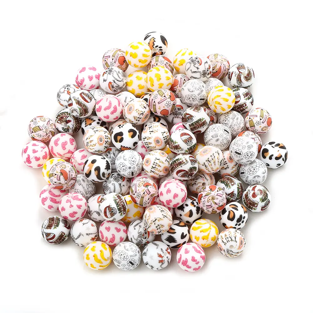 50Pcs Silicone Printed Beads Sunflower Print Design Beads Baby Teether ChewableTeething Bead for Handmade Pacifier Chain