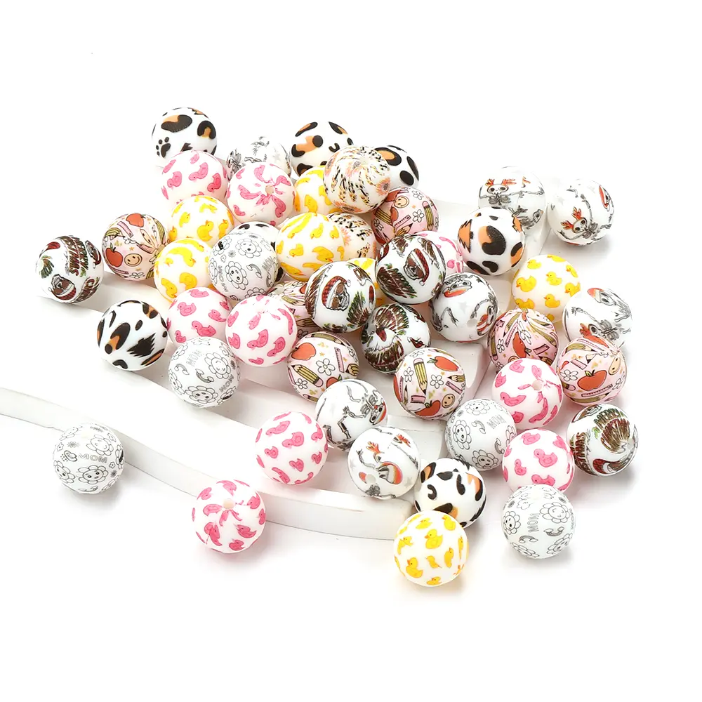 50Pcs Silicone Printed Beads Sunflower Print Design Beads Baby Teether ChewableTeething Bead for Handmade Pacifier Chain
