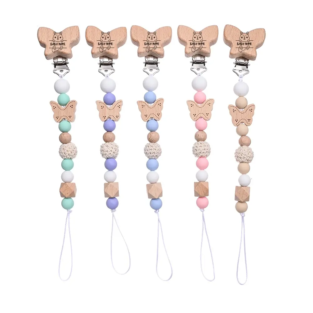 Custom Name Wooden Butterfly Beads Personalized Baby Pacifier Chain Dummy Nipple Holder Guard Teether Pendant Newborn Gift Stuff