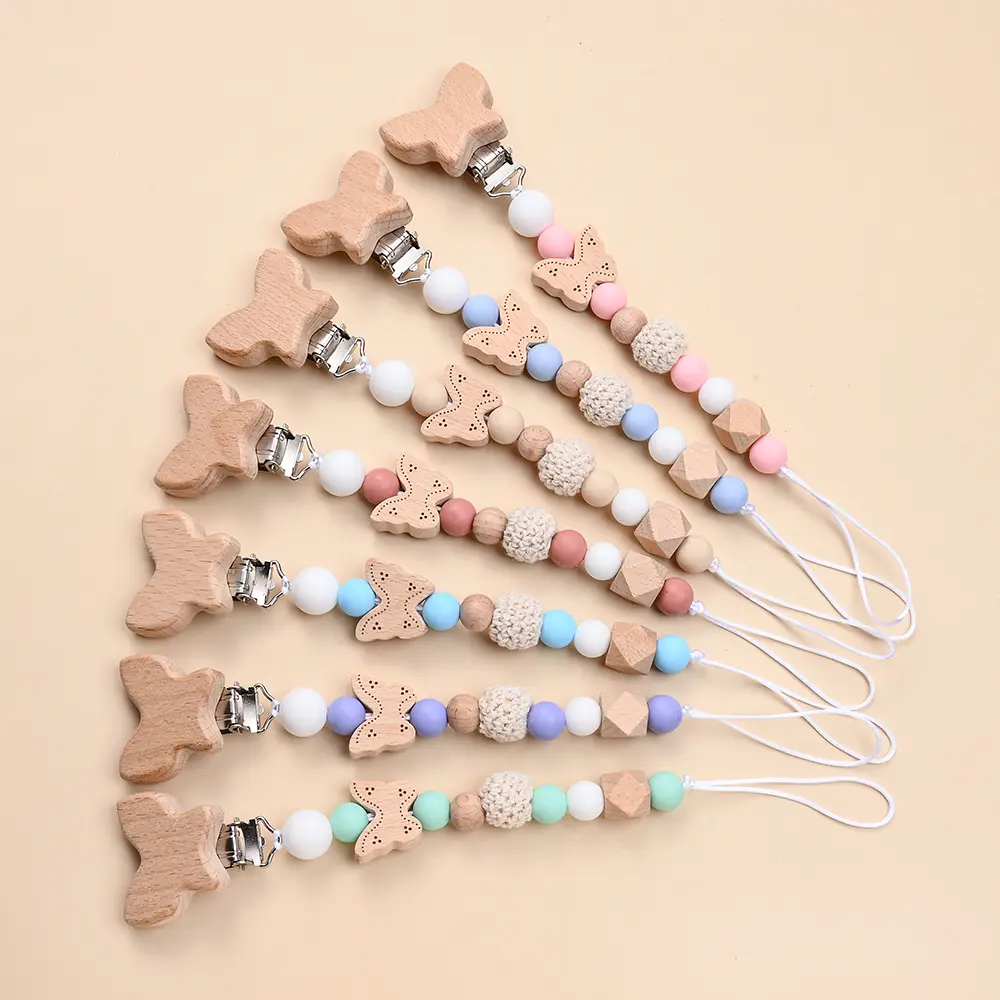 Custom Name Wooden Butterfly Beads Personalized Baby Pacifier Chain Dummy Nipple Holder Guard Teether Pendant Newborn Gift Stuff