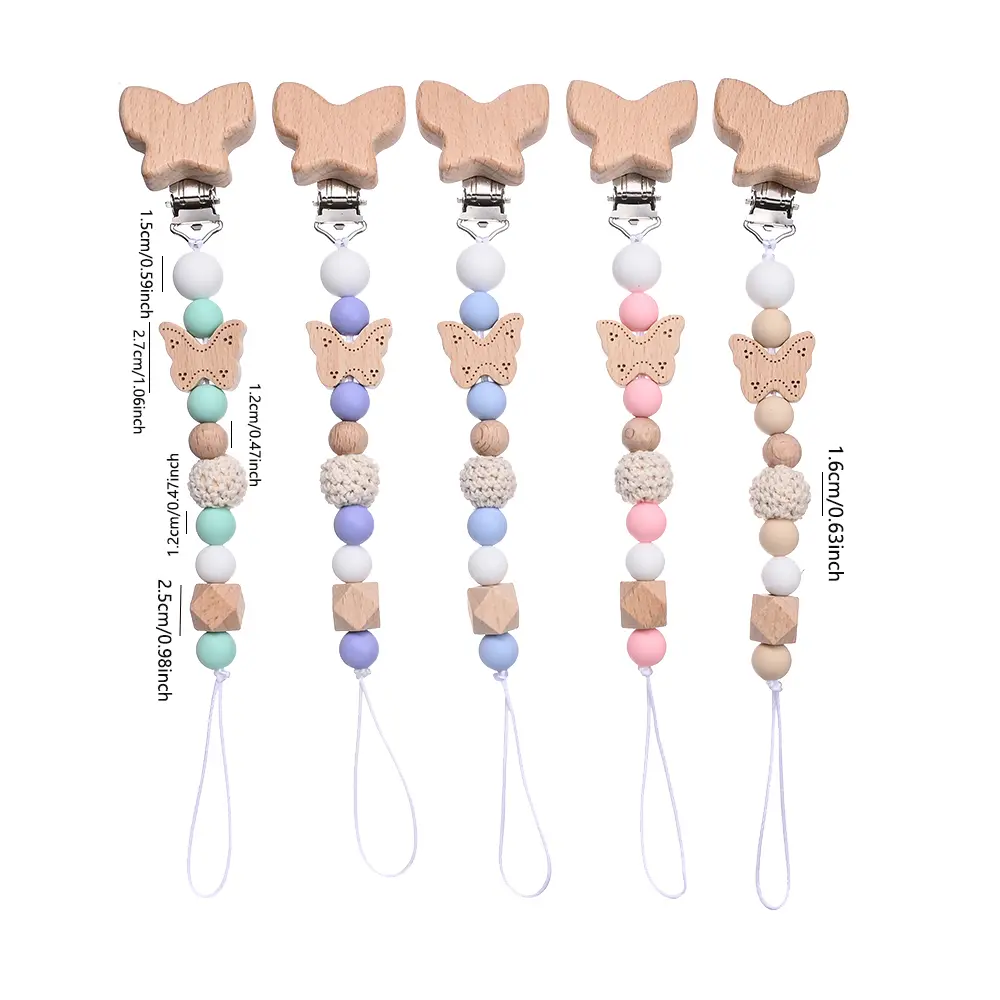 Custom Name Wooden Butterfly Beads Personalized Baby Pacifier Chain Dummy Nipple Holder Guard Teether Pendant Newborn Gift Stuff