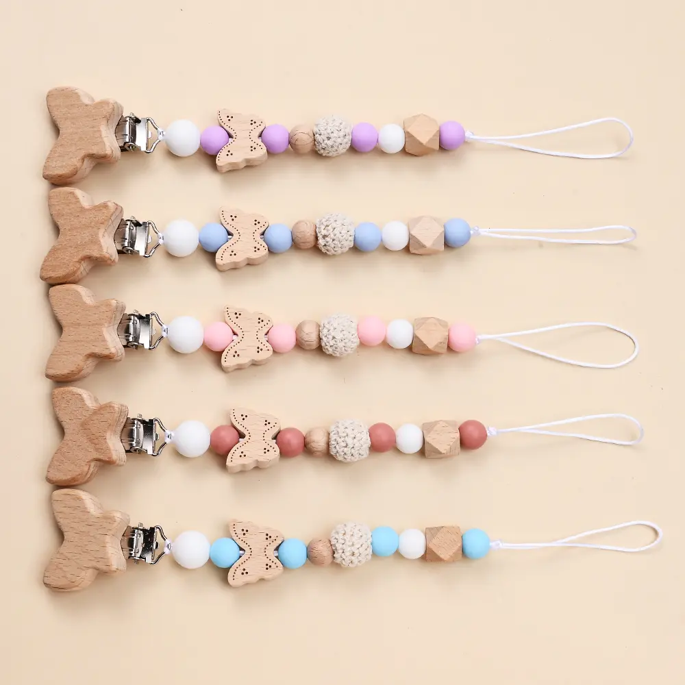 Custom Name Wooden Butterfly Beads Personalized Baby Pacifier Chain Dummy Nipple Holder Guard Teether Pendant Newborn Gift Stuff