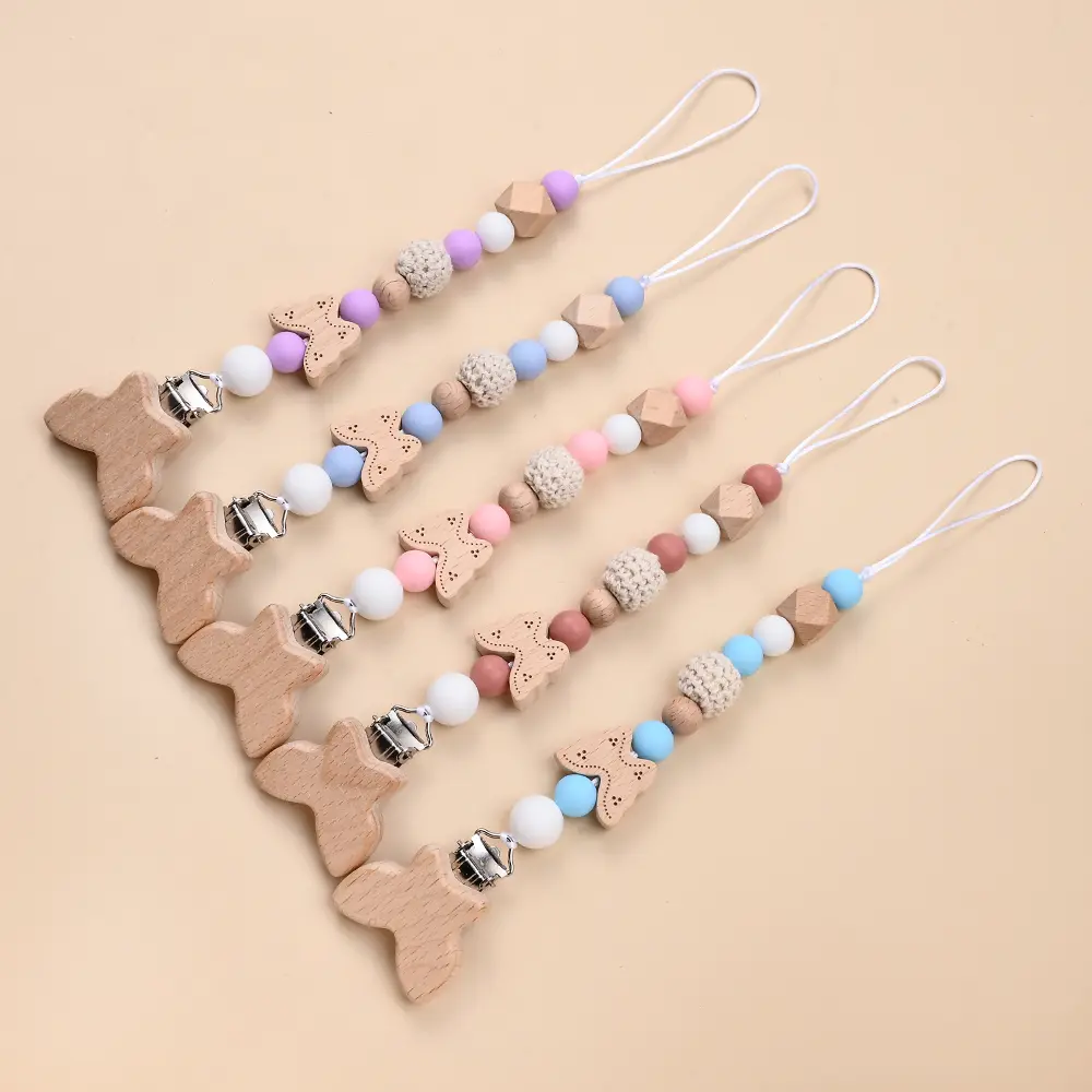 Custom Name Wooden Butterfly Beads Personalized Baby Pacifier Chain Dummy Nipple Holder Guard Teether Pendant Newborn Gift Stuff