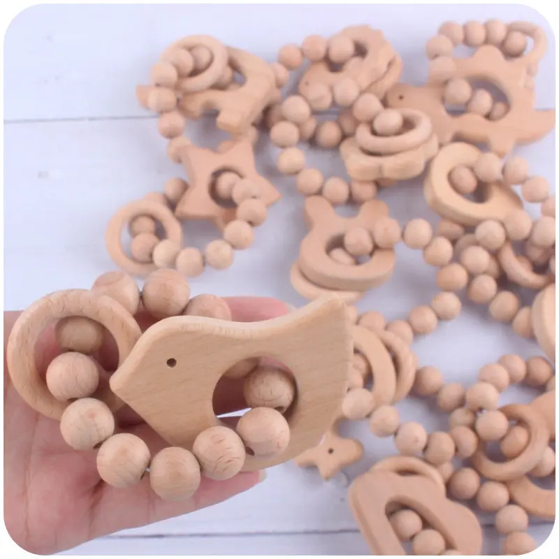 1Pcs 12 Style Baby Wooden Animal Hanging Toys Beech Wood Teether Bracelet Rattle Toys For Kids Teething Accessoories BPA Free