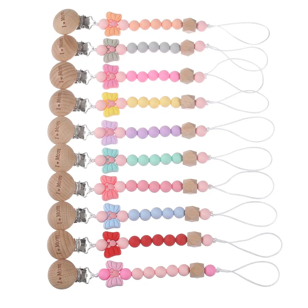 Baby Round Wood Dummy Holder Clip Silicone Cartoon Bow Bead Pacifier Chain For Care Teether Chew Toy Baby Pacifier Soother Chain
