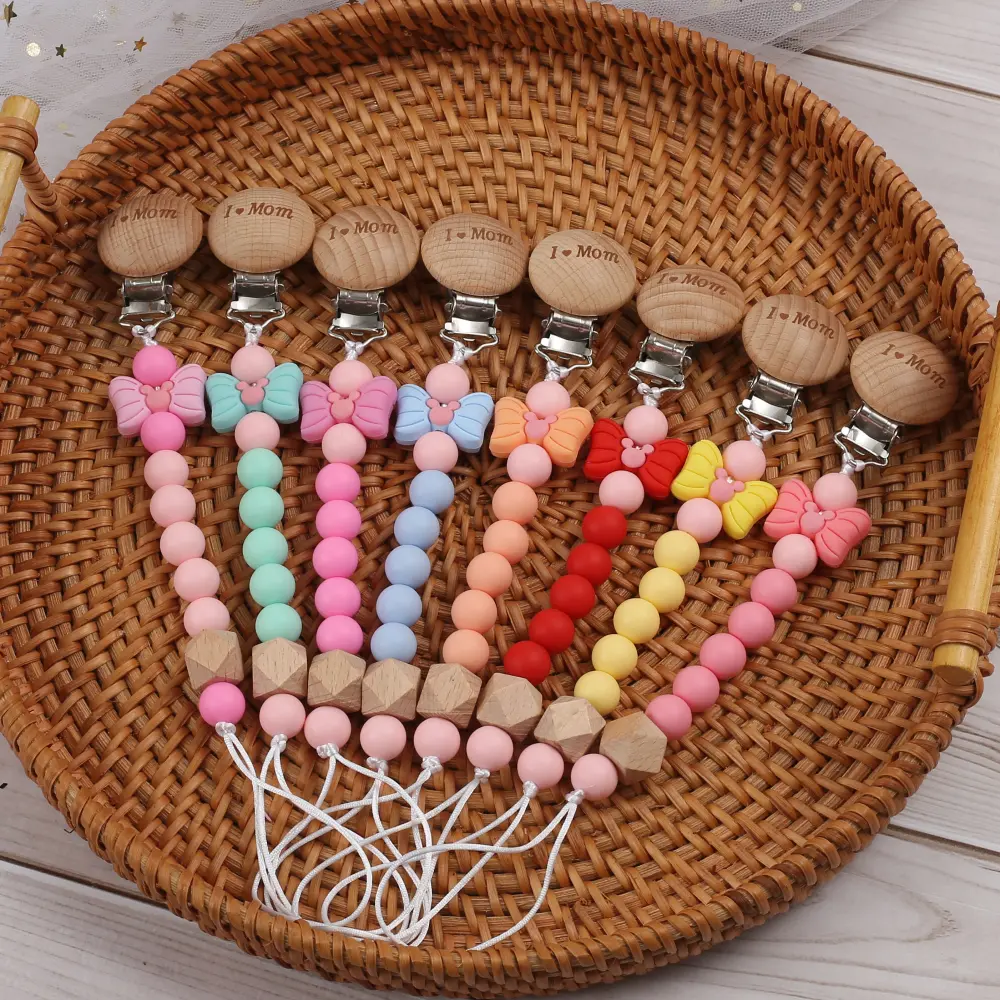 Baby Round Wood Dummy Holder Clip Silicone Cartoon Bow Bead Pacifier Chain For Care Teether Chew Toy Baby Pacifier Soother Chain