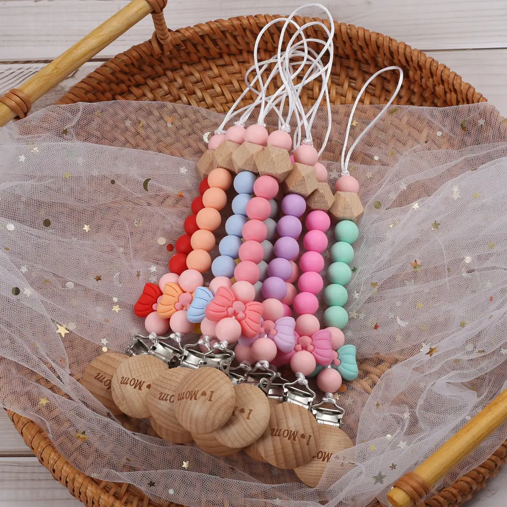 Baby Round Wood Dummy Holder Clip Silicone Cartoon Bow Bead Pacifier Chain For Care Teether Chew Toy Baby Pacifier Soother Chain