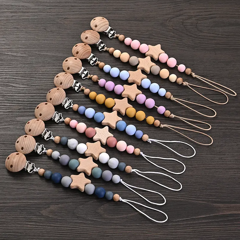 Baby Pacifier Chain Clips Wood Pentagram Teether Silicone Round Beads Teething Chain For Baby Care Soother Chew Toys Shower Gift