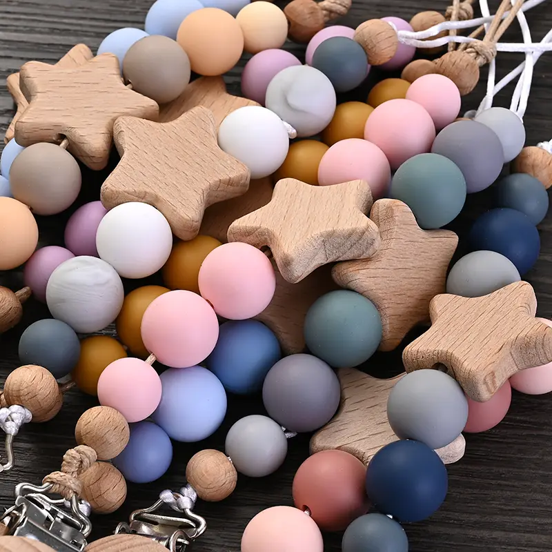 Baby Pacifier Chain Clips Wood Pentagram Teether Silicone Round Beads Teething Chain For Baby Care Soother Chew Toys Shower Gift
