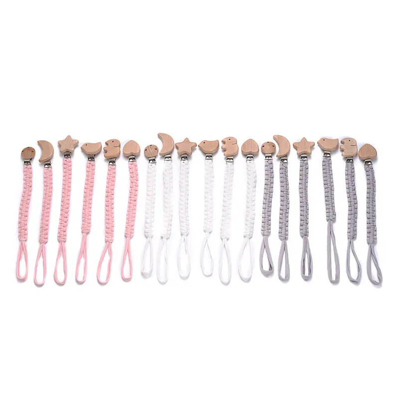 Simple Crochet Cotton Cloth Baby Pacifier Chain Moon Heart Beech Wood Clip For Handmade Baby Nipple Soother Chain Teething Toy