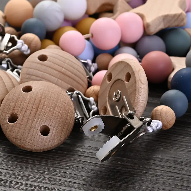 Baby Pacifier Chain Clips Wood Pentagram Teether Silicone Round Beads Teething Chain For Baby Care Soother Chew Toys Shower Gift