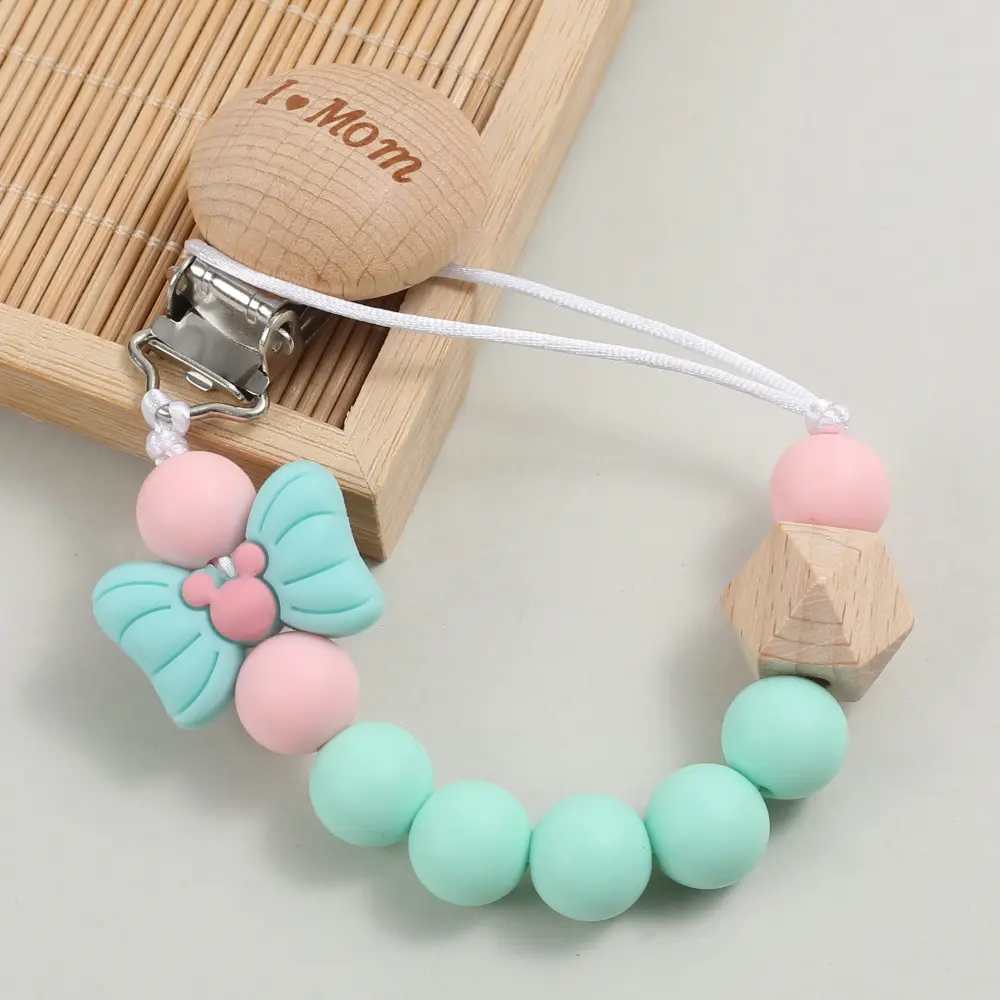 Baby Round Wood Dummy Holder Clip Silicone Cartoon Bow Bead Pacifier Chain For Care Teether Chew Toy Baby Pacifier Soother Chain