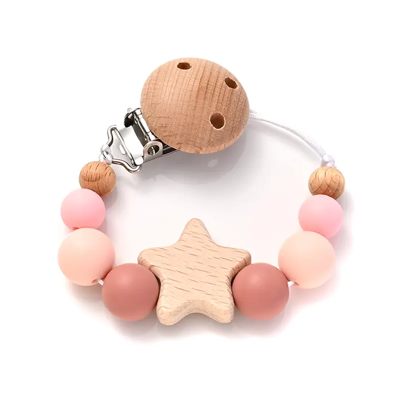 Baby Pacifier Chain Clips Wood Pentagram Teether Silicone Round Beads Teething Chain For Baby Care Soother Chew Toys Shower Gift