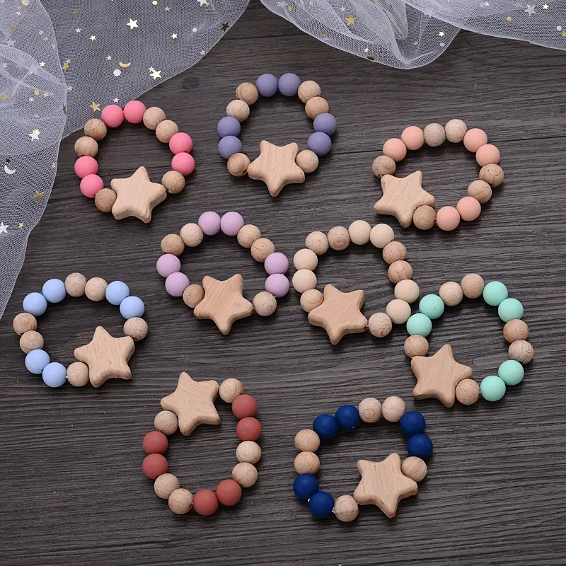 Baby Silicone Teether Pacifier Chain Bracelets Set Round Wooden Dummy Holder Clip For Baby Teething Nipple Chain Nursing Toys