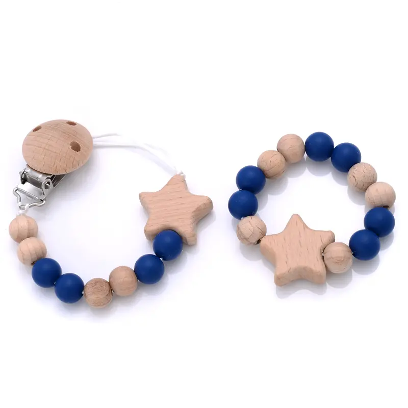 Baby Silicone Teether Pacifier Chain Bracelets Set Round Wooden Dummy Holder Clip For Baby Teething Nipple Chain Nursing Toys