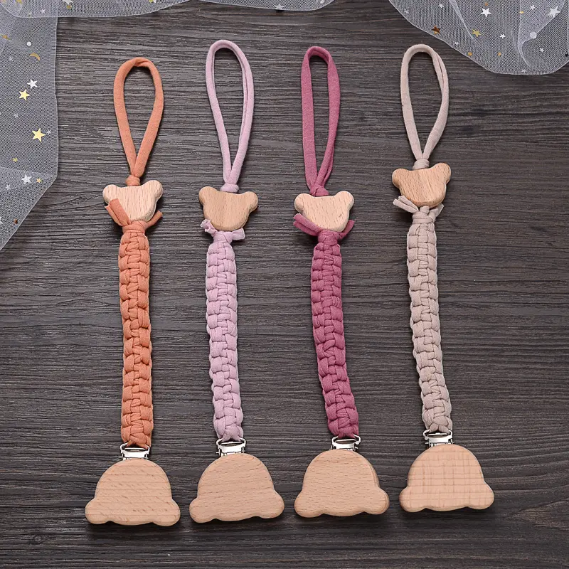 Simple Woven Cotton Handmade Baby Pacifier Holder Chain Beech Animal Dummy Soother Clip For Baby Teether Teething Chain Care Toy