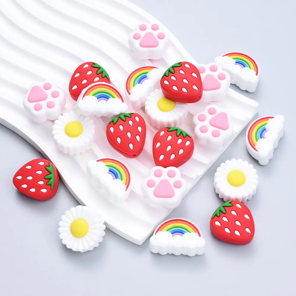 4Pcs Cat Claw Strawberry Rainbow Chrysanthemum Food Grade Silicone Beads DIY Newborn DIY Pacifier Chain Necklace Accessories
