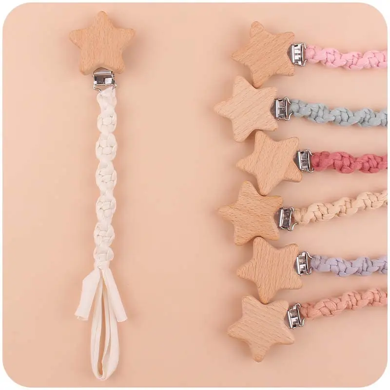 Baby Beech Wood Pentagram Pacifier Clip Handmade Woven Cotton Soother Nipple Chain For Baby Nursing Teether Chewing Toys Gift