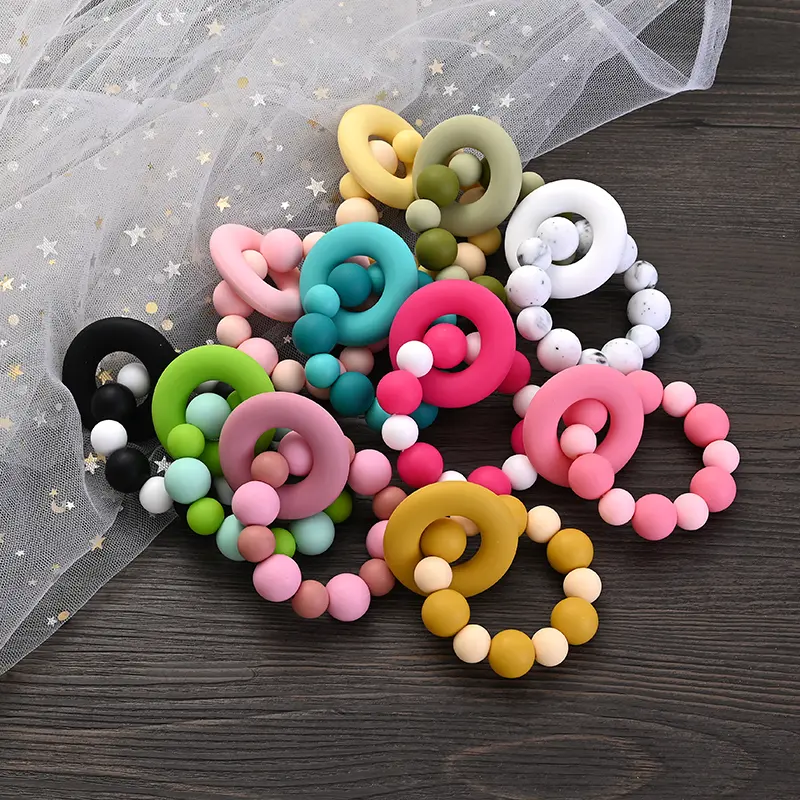 Baby Silicone Teether Ring Pendant Food Grade Silicone Round Beads Bracelet Rattle Toys For Baby Teething Safe Care Chew Toys
