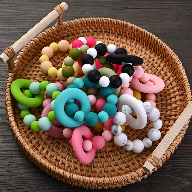 Baby Silicone Teether Ring Pendant Food Grade Silicone Round Beads Bracelet Rattle Toys For Baby Teething Safe Care Chew Toys