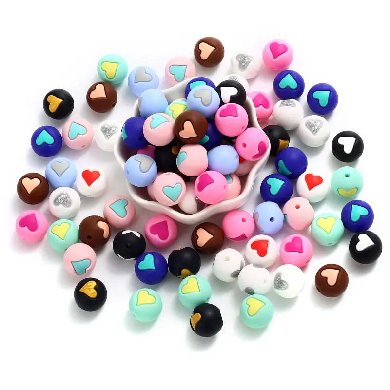 10Pcs Colorful Silicone Chewing Beads 15mm Round Heart Teether Beads For Jewelry Making Accessory DIY Bracelet Pacifier Chain
