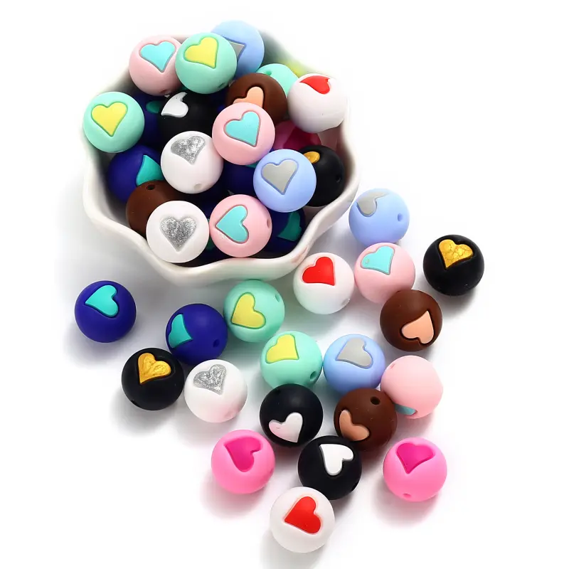 10Pcs Colorful Silicone Chewing Beads 15mm Round Heart Teether Beads For Jewelry Making Accessory DIY Bracelet Pacifier Chain