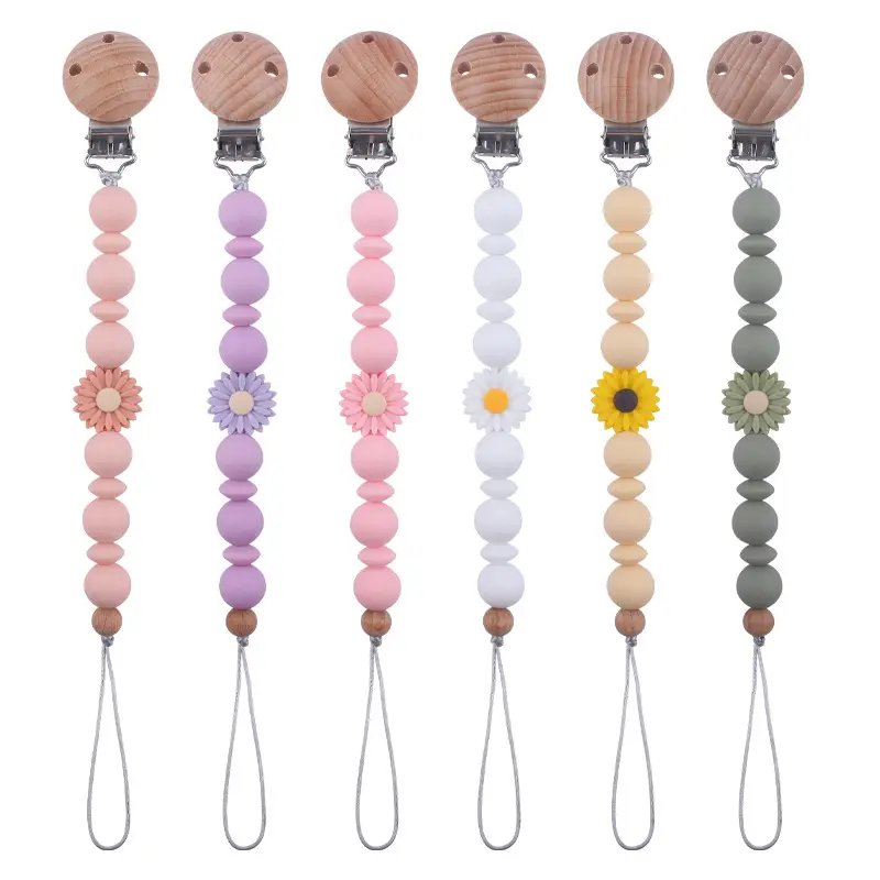 Handmade Silicone Flower Beads Baby Pacifier Chain Beech Wood Teether Nipple Clip For Baby Teething Nursing Chew Toy Shower Gift