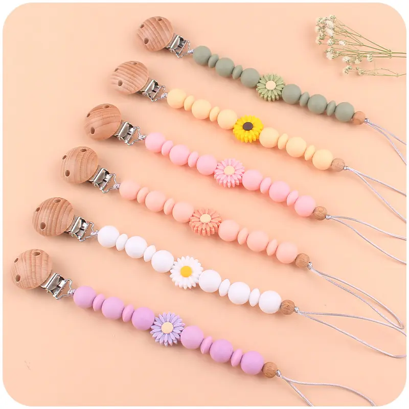 Handmade Silicone Flower Beads Baby Pacifier Chain Beech Wood Teether Nipple Clip For Baby Teething Nursing Chew Toy Shower Gift