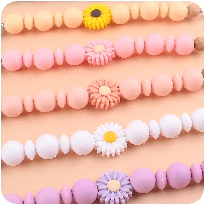 Handmade Silicone Flower Beads Baby Pacifier Chain Beech Wood Teether Nipple Clip For Baby Teething Nursing Chew Toy Shower Gift