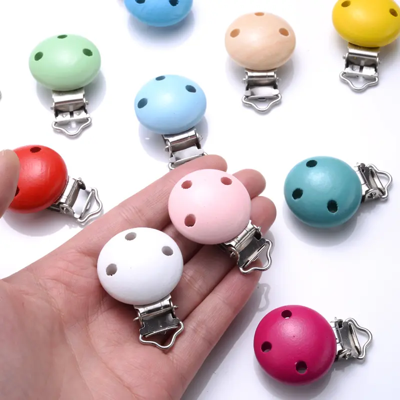 30mm 5Pcs/Lot Colorful Baby Pacifier Clip Round Wood Teether Clip For Teething Nipple Chain DIY Baby Dummy Chain Clip Accessory