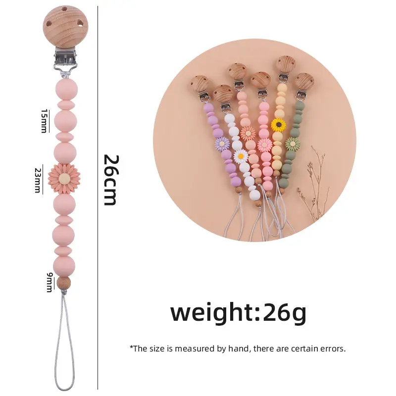 Handmade Silicone Flower Beads Baby Pacifier Chain Beech Wood Teether Nipple Clip For Baby Teething Nursing Chew Toy Shower Gift