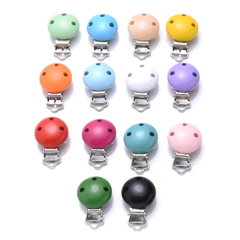 30mm 5Pcs/Lot Colorful Baby Pacifier Clip Round Wood Teether Clip For Teething Nipple Chain DIY Baby Dummy Chain Clip Accessory