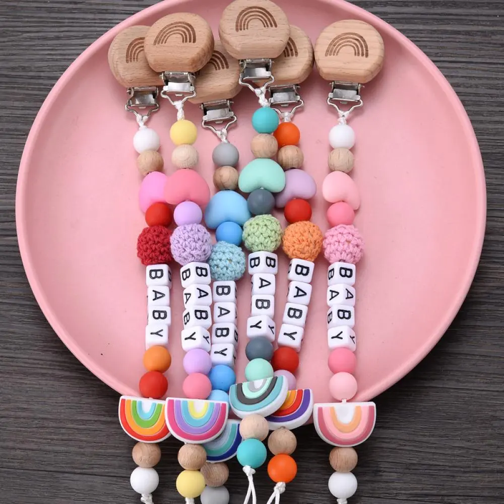 Personalize Name Pacifier Clips Holder Baby Silicone Rainbow Pacifier Holder Chain Baby Handmade Dummy Clips Teether Gift Custom