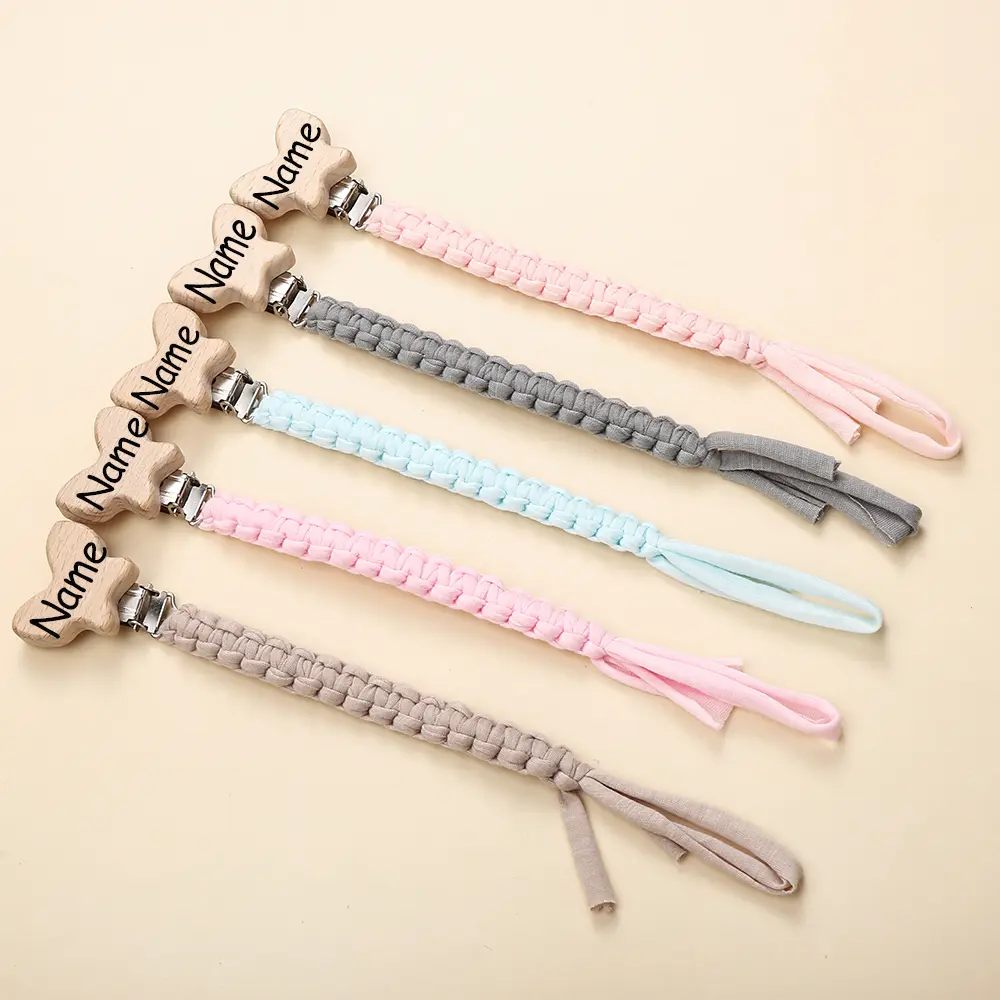 Custom Name Wood Baby Pacifier Clips Weave Cotton Nipple Chain Baby Soother Dummy Holder Clip Chain For Baby Nursing Chew Toys